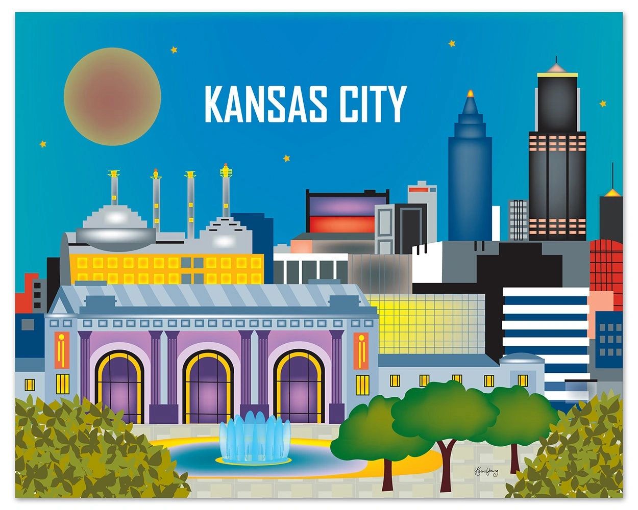 Colorful illustration of Kansas City's skyline with iconic buildings and a fountain.