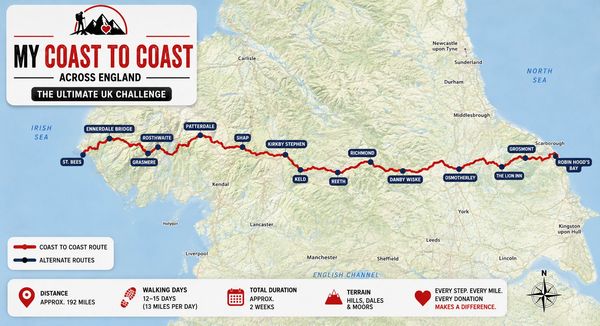 Map showing the Coast to Coast walking route across England from St. Bees to Robin Hood's Bay.