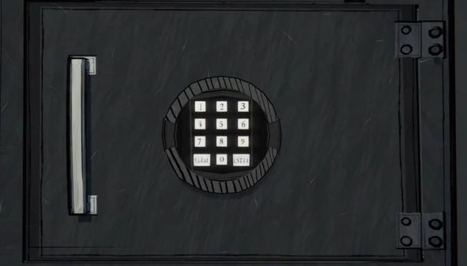 Close-up of a black safe door with a digital keypad lock and a handle.