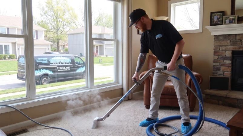 Professional carpet cleaning in progress with steam and equipment.