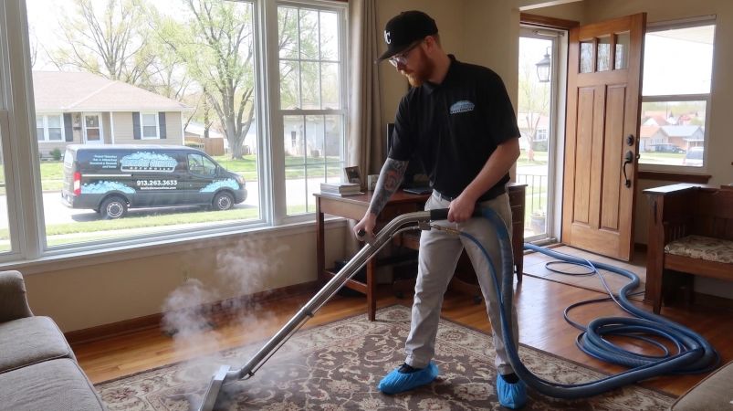 Professional carpet cleaning in progress with steam and specialized equipment indoors.