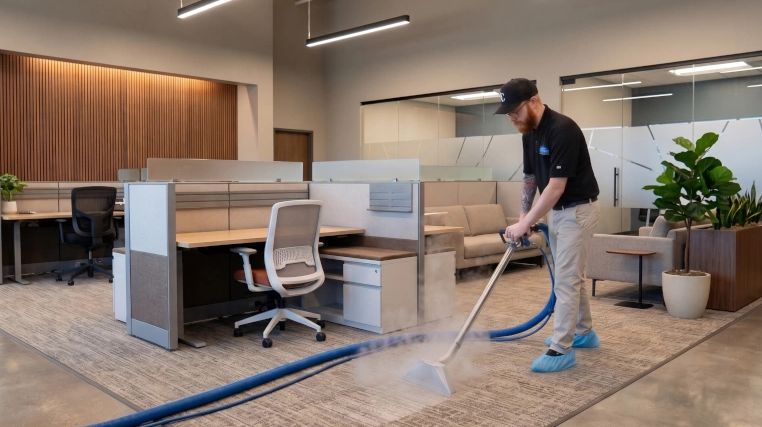 A man steam cleans the carpet in a modern office space.