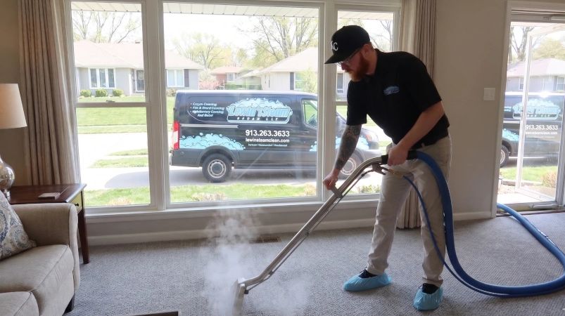 Professional carpet cleaning in progress with steam cleaning equipment.