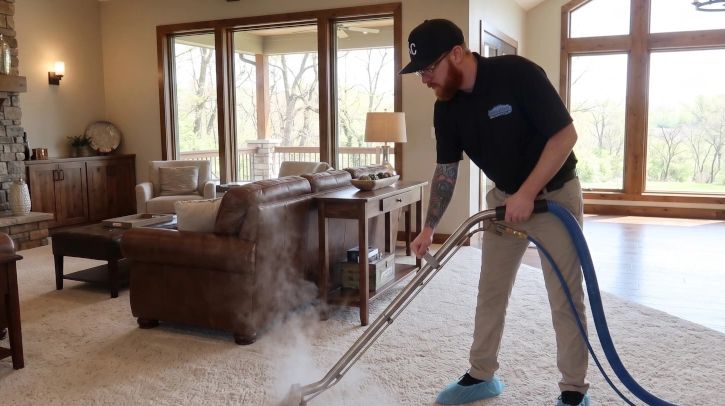 Man steam cleaning carpet in a living room.