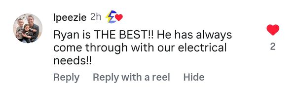 A positive review praising Ryan for excellent electrical services.