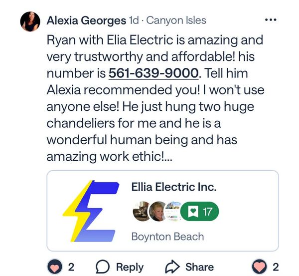 Review praising Ryan from Ellia Electric for trustworthy, affordable service and great work ethic.