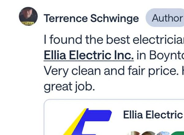 Positive review praising Ryan from Ellia Electric Inc. in Boynton Beach for great service.