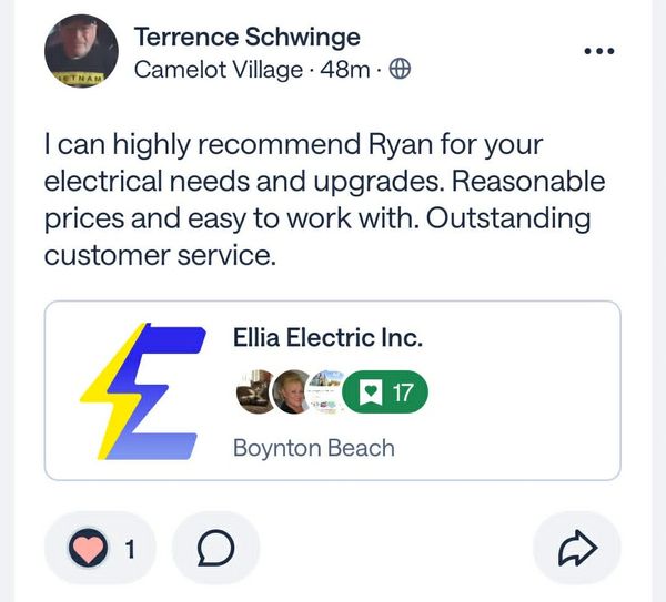 Positive Facebook recommendation for Ryan's electrical services by Terrence Schwings.