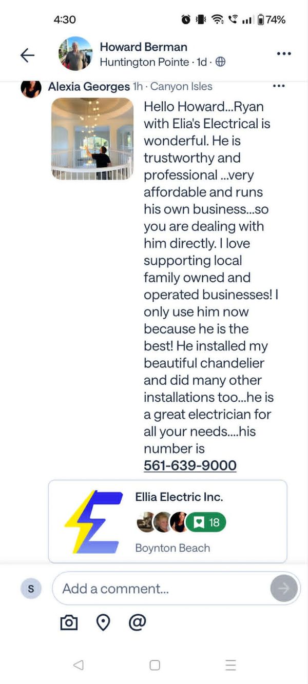 Customer praises Ryan from Ellia's Electrical for professionalism and affordability, sharing his contact.