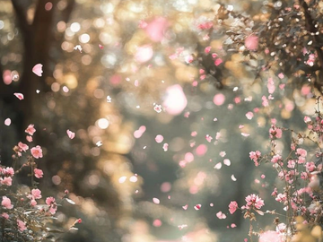 Soft pink blossoms gently float in a dreamy, sunlit garden scene.