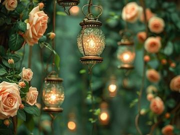 Vintage lanterns glowing amidst soft peach roses in a serene garden setting.