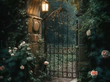 An old iron gate surrounded by roses and greenery in a stone archway at twilight.