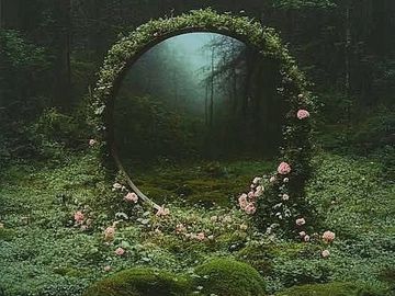 A mystical circular mirror adorned with flowers in a dense forest.