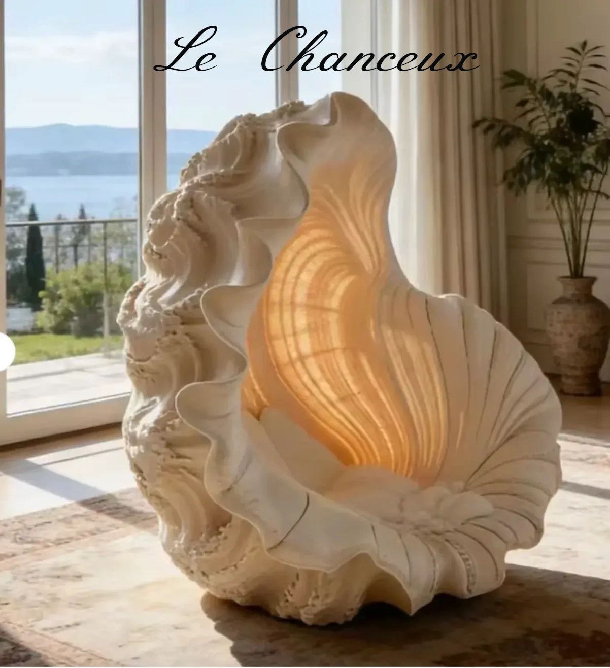 Elegant illuminated shell-shaped chair in a sunlit room with scenic outdoor view.