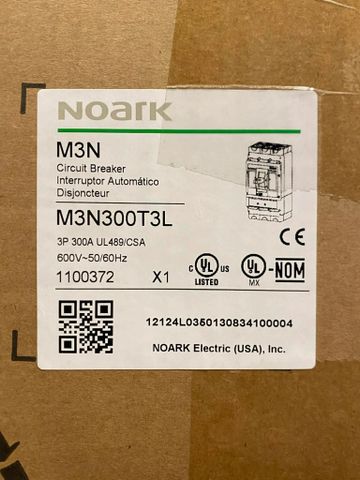 Label on a Noark M3N circuit breaker box with specifications and certifications.