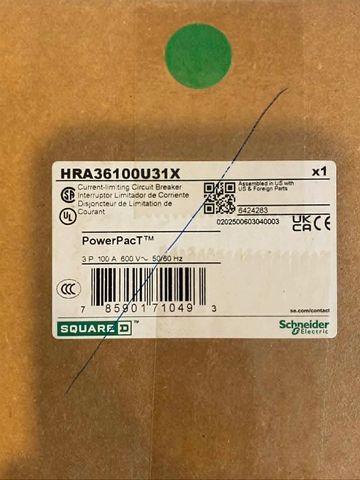 Label of Schneider Electric circuit breaker with model and specifications.