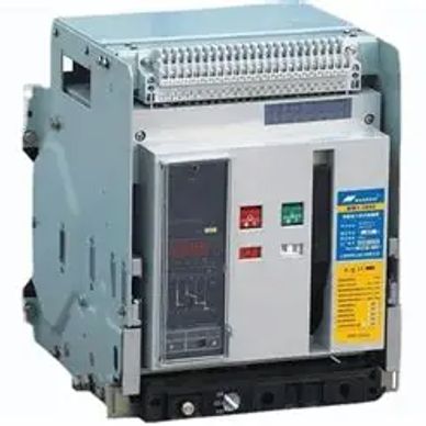 Industrial circuit breaker with control panel and wiring terminals.