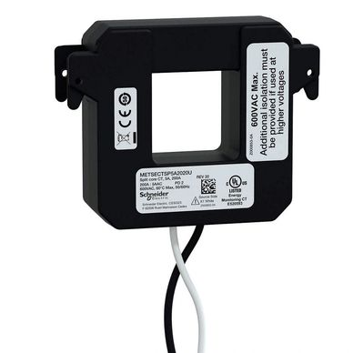 Schneider Electric current transformer with wires and labels.
