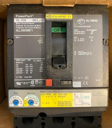 Square D PowerPact motor circuit protector switch in OFF position.