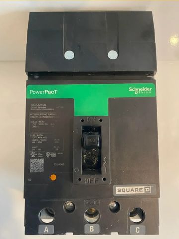 Schneider Electric PowerPact circuit breaker with ON/OFF switch and labeled terminals A, B, C.