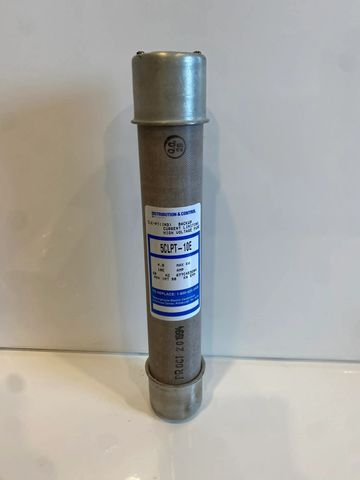 Industrial cylindrical fuse labeled SCLPT-10E with metal caps.