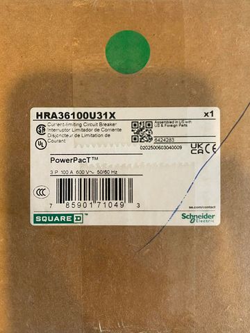 Label of a Schneider Electric PowerPac circuit breaker on cardboard packaging.