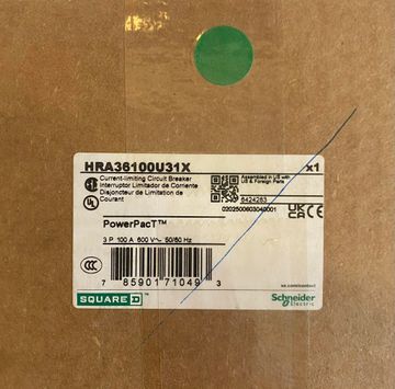 Label of a Schneider Electric PowerPact circuit breaker on brown packaging.