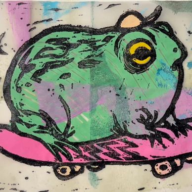Green frog riding a pink skateboard in graffiti style.