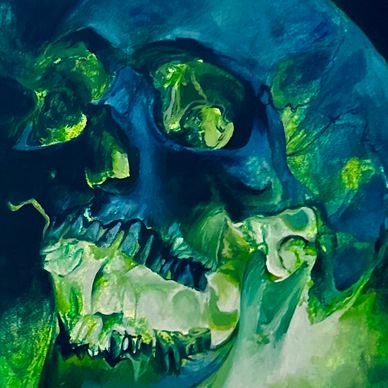 Abstract painting of a skull with vibrant blue and green hues.