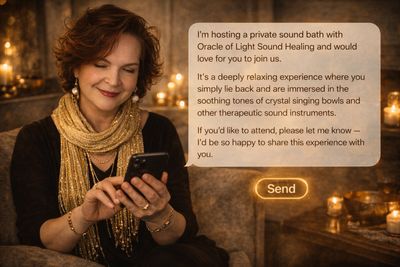 Woman in a golden scarf sending a message about a relaxing sound bath event.