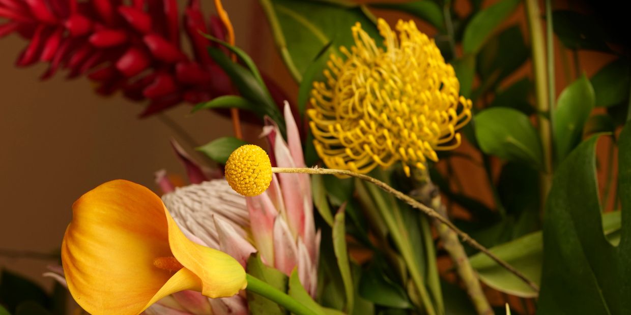 Tropical Flower Arrangement. Yellow and pink flowers.  