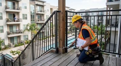 Construction worker inspecting a wooden balcony deck.