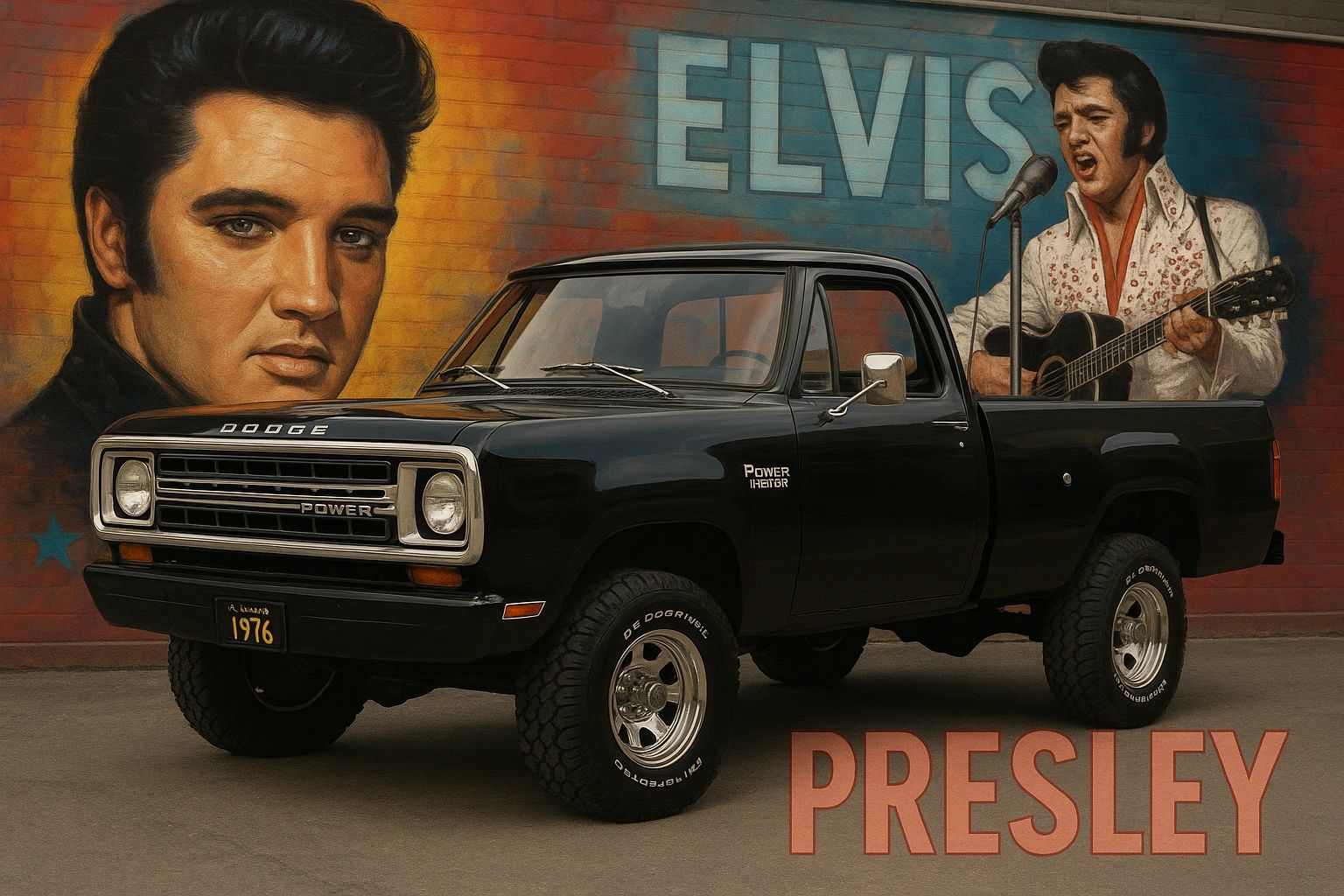 Black Dodge Power Ram truck against Elvis Presley mural.