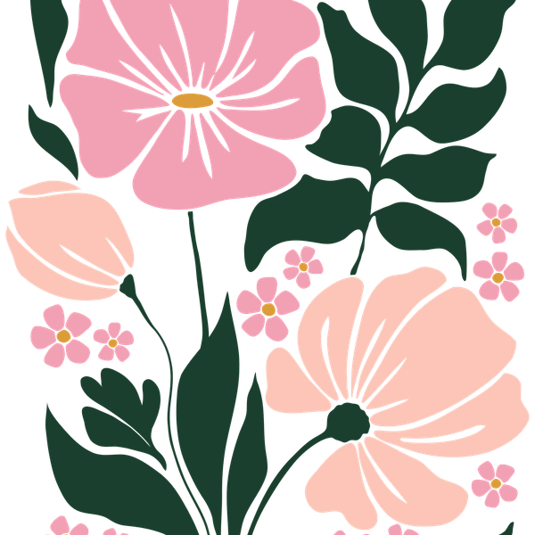 Illustration of pink flowers with green leaves.
