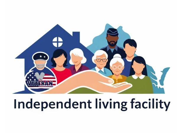 Illustration representing an independent living facility with diverse elderly residents, including a veteran.