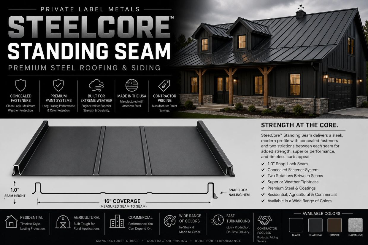 SteelCore Standing Seam steel roofing with concealed fasteners and premium coatings.