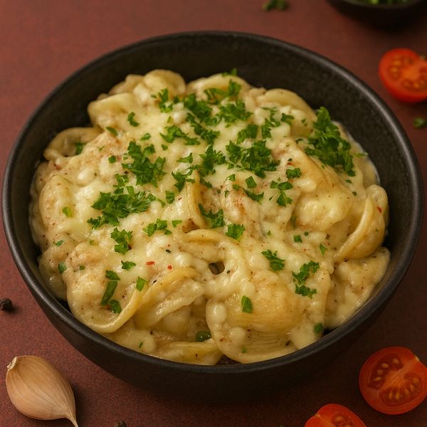 A bowl of creamy cheese pasta garnished with fresh parsley.