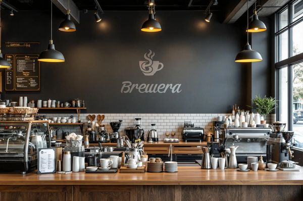 Modern coffee shop counter with brewing equipment and cups.