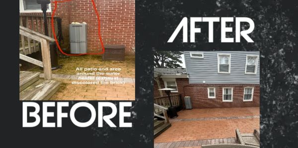 Before and after patio cleaning removing discoloration from brick caused by water heater exhaust.