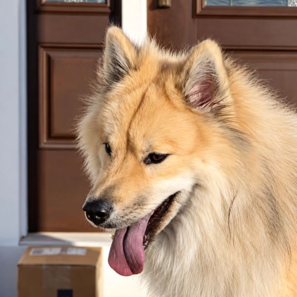 Fluffy tan dog with tongue out near door.