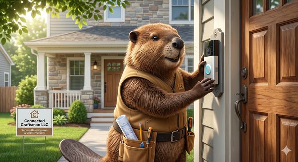 A beaver in a craftsman vest rings a doorbell at a suburban home.