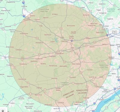 Map showing a circular radius around a central point covering parts of Pennsylvania and Maryland.