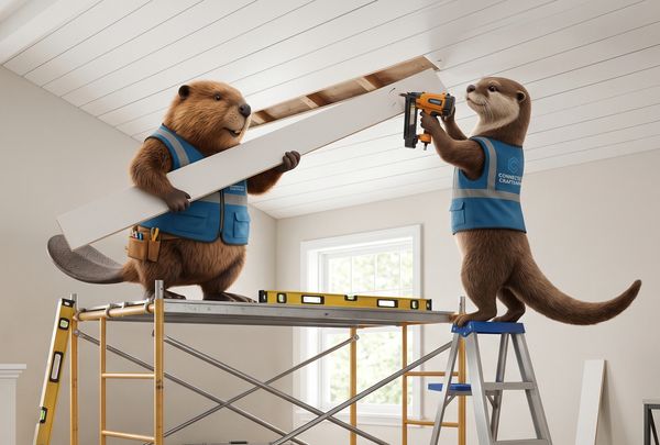 Beaver and otter in blue vests working on home renovation with tools.