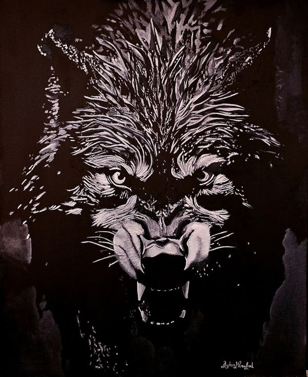 Oil on Canvas
A painting in black and white with a snarling Wolf, part of a series Into the Light