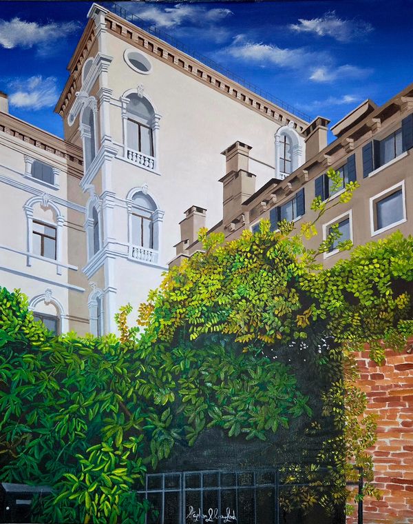 oil painting with a building in Venice a garden wall withbushes in the foreground