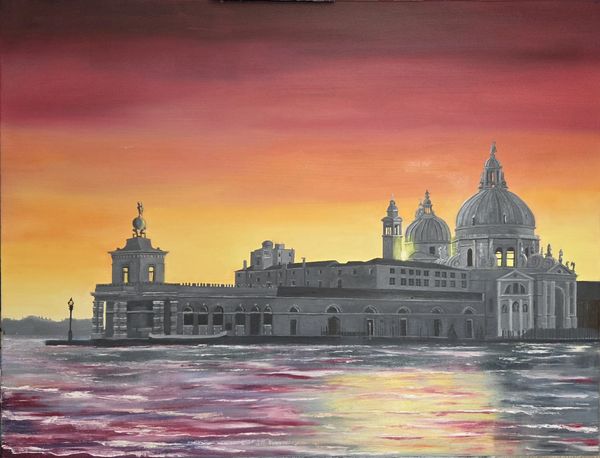 This painting is of a sunrise in Venice looking over the Lagoon
