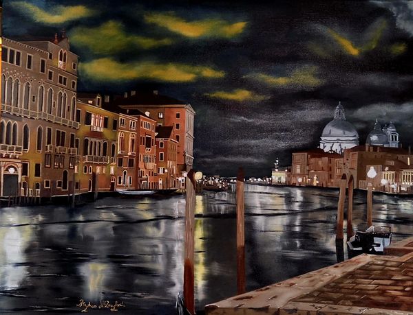 This is an oil on canvas of Venice at night buildings li up and the water reflected