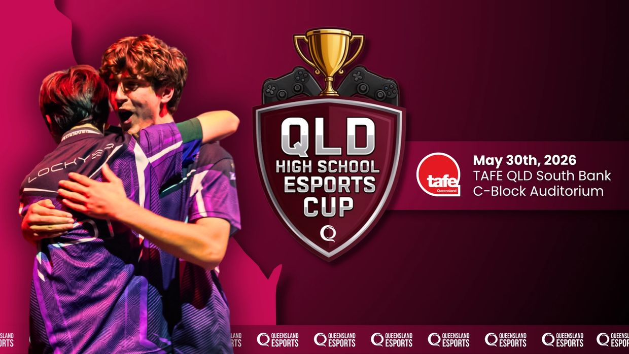 Two gamers celebrate during the QLD High School Esports Cup event announcement.