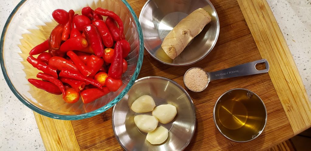 Sriracha ingredients on a cutting board