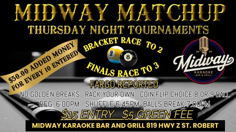 Thursday night pool tournaments at Midway Karaoke Bar and Grill with cash prizes and multiple game rules.